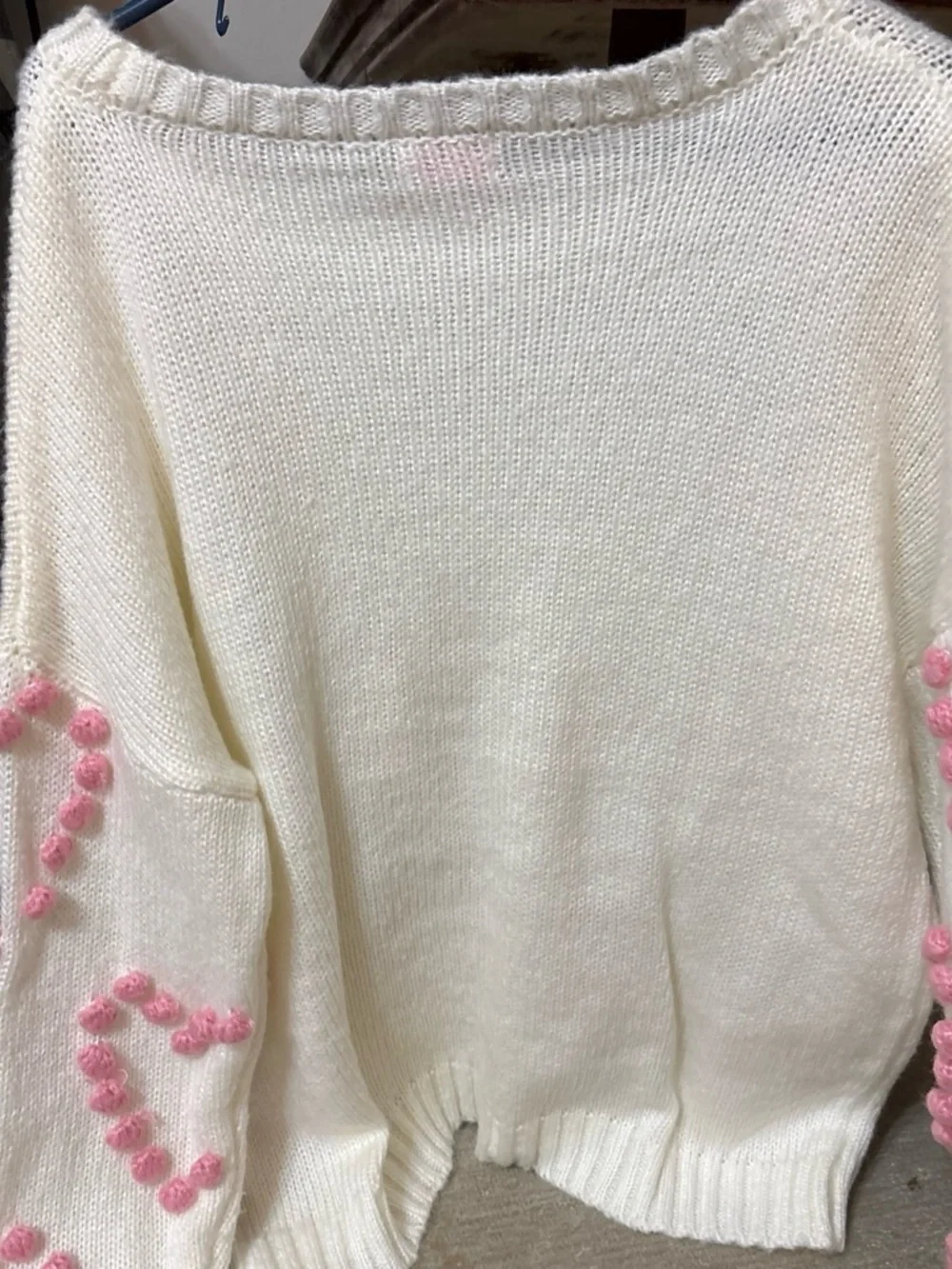 Pink Lily Cream Knit Sweater with Pink Pom-Pom Hearts